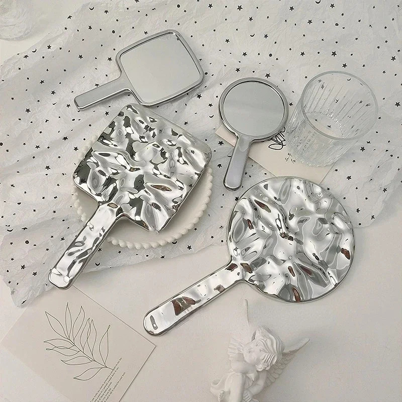 Electroplated Handle Makeup Mirrors HD Beauty Portable Round Hand Square Small Make Up Mirror Dropshiping 241024