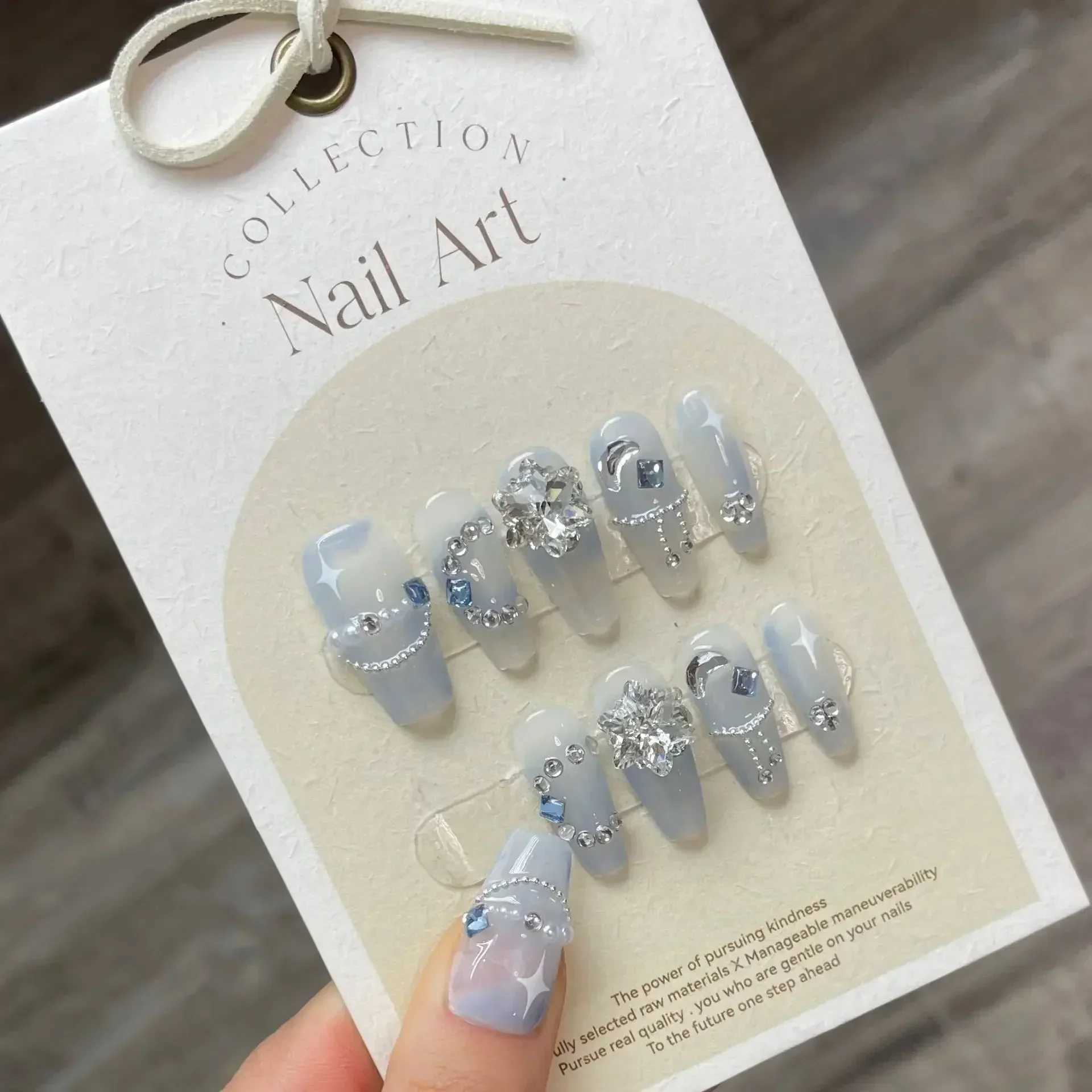 10Pcs Set Blue Handmade Press On Nails Snowflakes Ballet with Rhinestones False Nails Decoration Manicure Fake Nails Tips ArtXJ241025