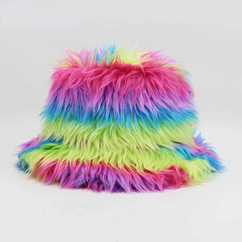 2022 Women Men Fashion Rainbow Faux Fur Bucket Hat Winter Thickened Soft Warm Fluffy Fishing Cap Outdoor Vacation Fisherman HatX241025