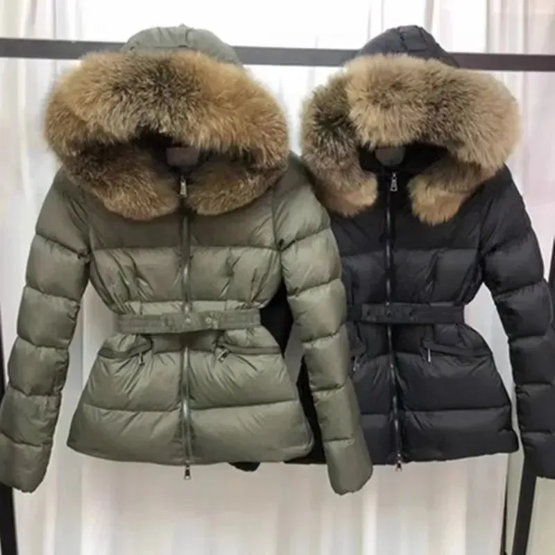 Designer Women puffer Jacket Down Jackets With Genuine fur Collar Embroidered Badge Hooded Coat Warm Winter Jacket With Belt Womens Clothing
