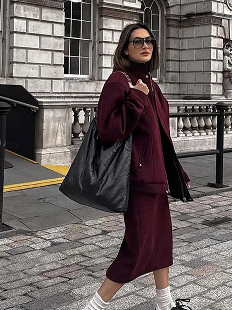 Fashion Wine Red Womens Baseball Bomber Jacket Rack Collar Long Sleeve Zipper Pocket Coat Autumn Loose Casual Coat 241024