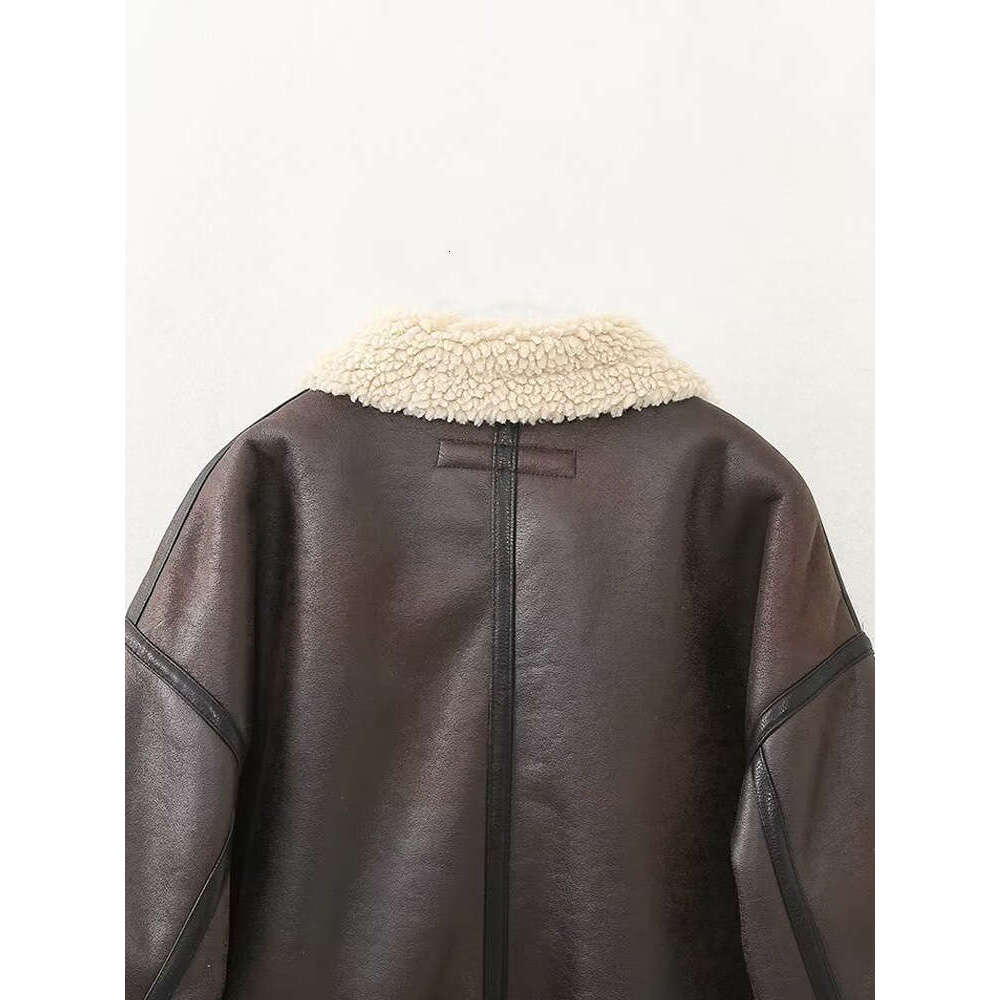 KAOPU ZA Women Faux Fur Trims Thick Warm Winter Double-Faced Biker Jacket Coat Vintage Long Sleeve Female Outerwear Chic Tops
