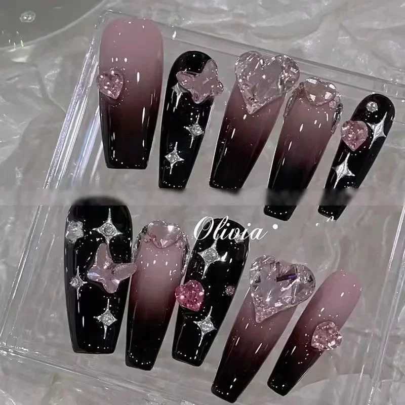 10Pcs Handmade Press on Nails Fake Nails with Love Rhinestone Decoration Wearable Stick-on Nails Full Cover False Nail Uas XJ241025