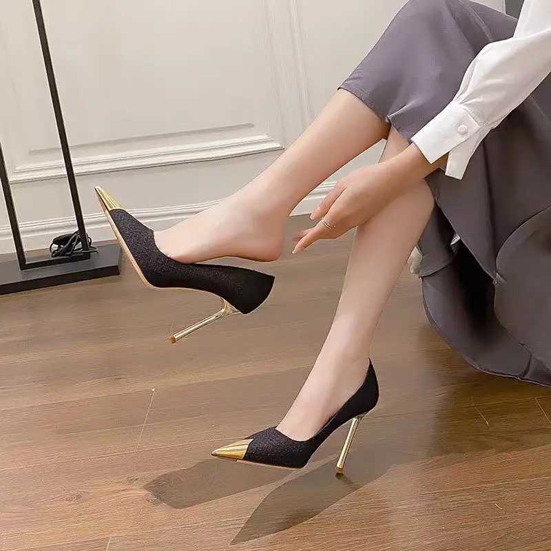 High Quality Womens Pointed Toe Thin High Heels New Elegant Metal Temperature Shallow Shoes Sexy All Malaysia High Quality Stiletto Heels T241024