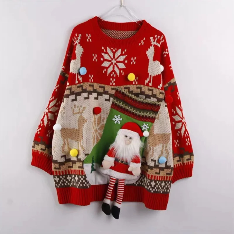 Autumn Large size ONeck Christmas Sweater Women Casual Long Sleeve Knitted Top Winter with Ugly kawaii Pullover Ju 241021