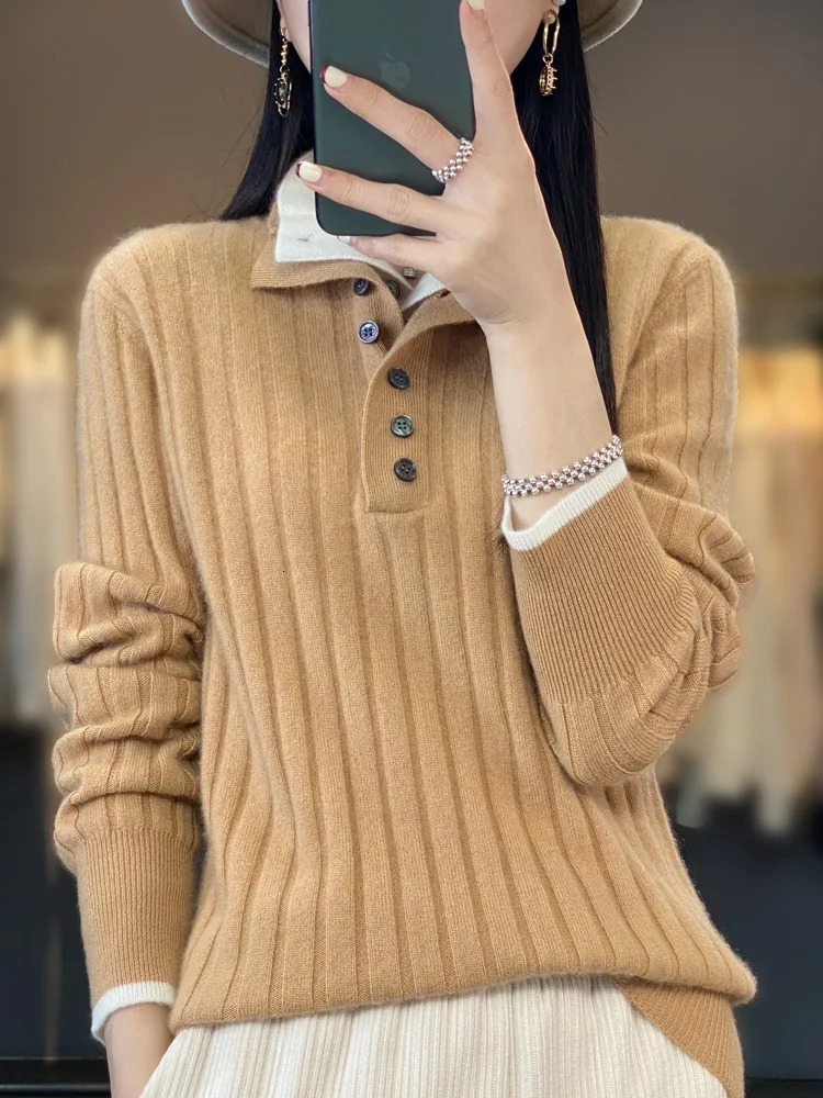 High Quality Women Autumn Winter Casual Turndown Collar Pullover Cashmere Sweater 100% Merino Wool Knitwear Clothing Tops 241021