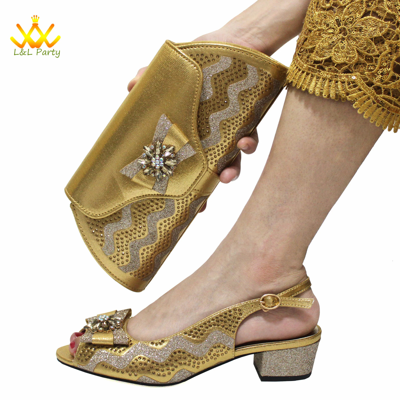 Low high heels Italian African womens shoes and bags mature gold style high quality party decals 241024
