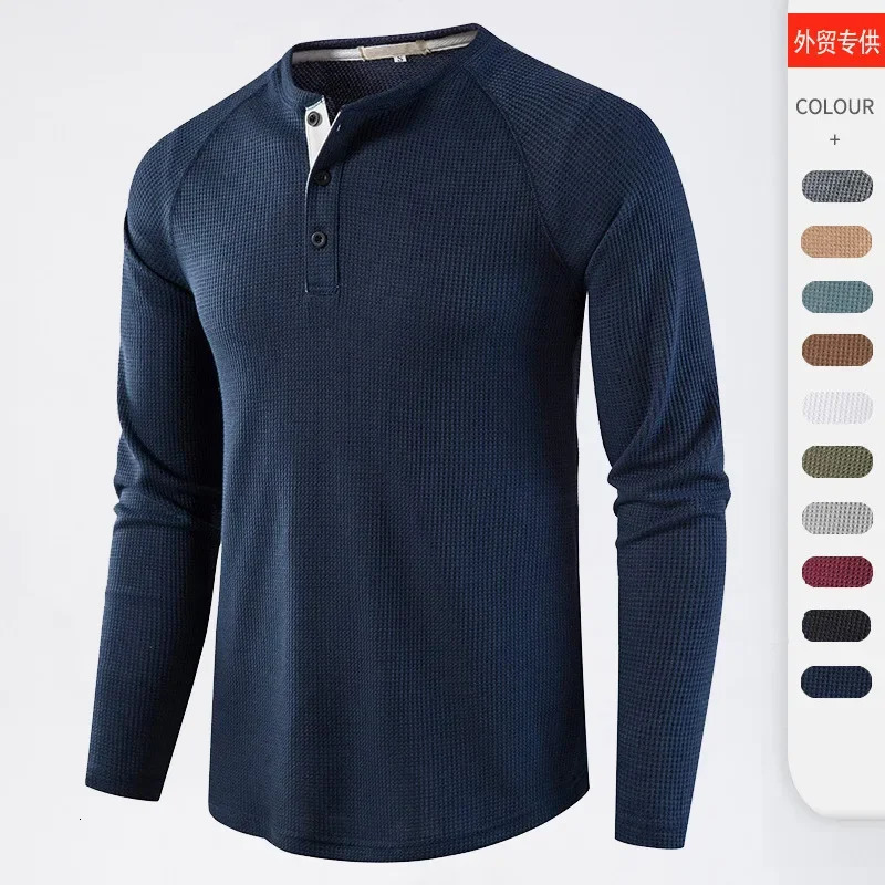 2024 Spring and Autumn Mens Solid Color Waffle Henry Shirt Europe and The United States Mens Wear with Long Sleeve T-shirt 241024