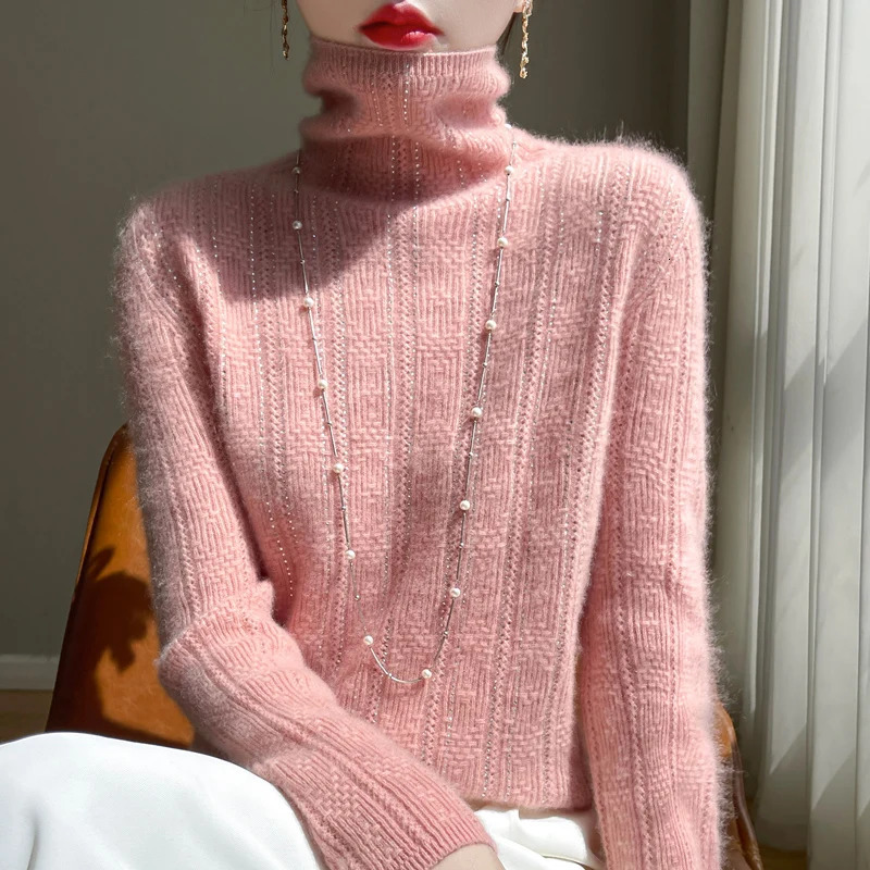 High Neck 100%Merino Wool Sweater Womens Hollow Out AutumnWinter Solid Color Diamond Warm And Soft Knit Jumper Top 241021