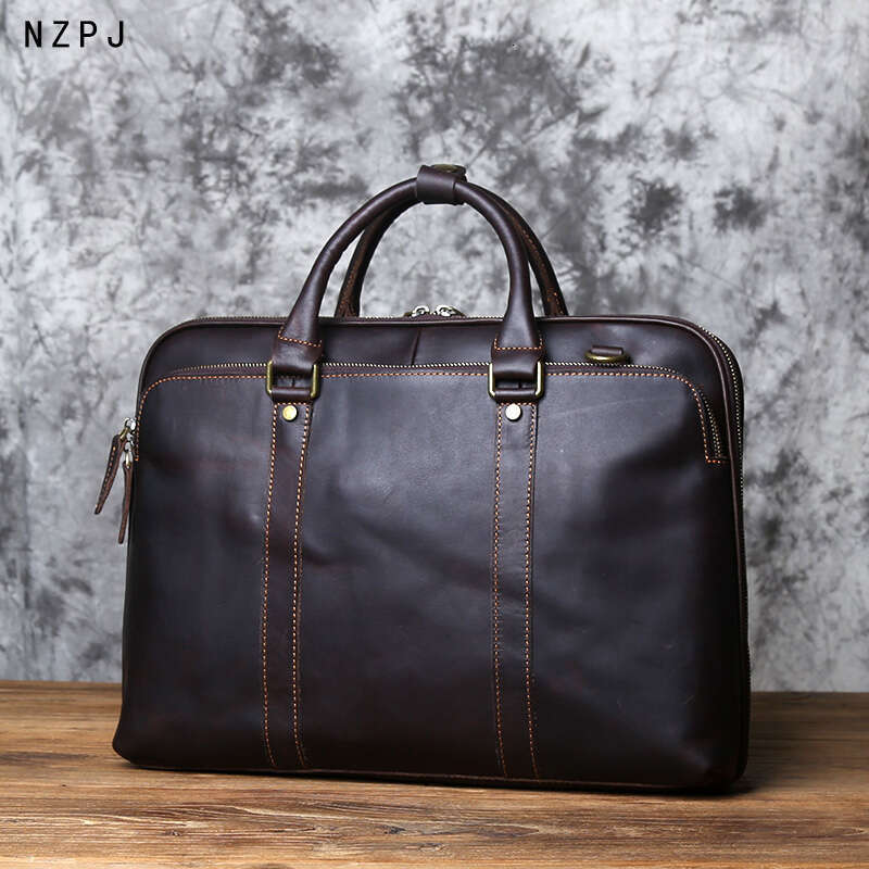 Vintage Handmade Leather Handbag Top Layer Cowhide Large-Capacity Business Computer Men's Shoulder Diagonal Bag