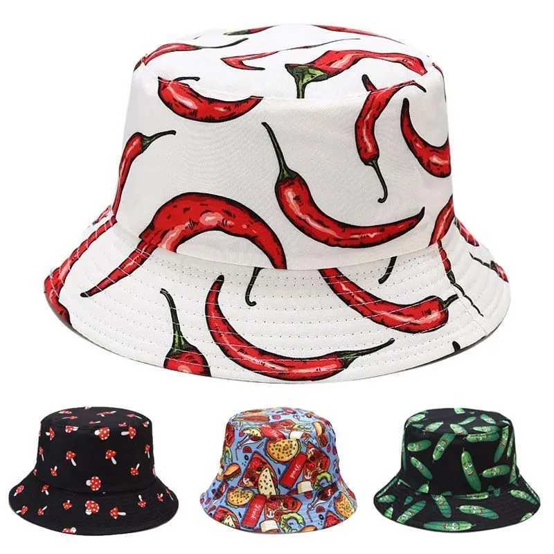 Vegetables Print Bucket Hats Women Mens Panama Hat Double-sided Foldable Summer Cap Hamburger Pepper Tomatoes Graffiti Sun HatX241025