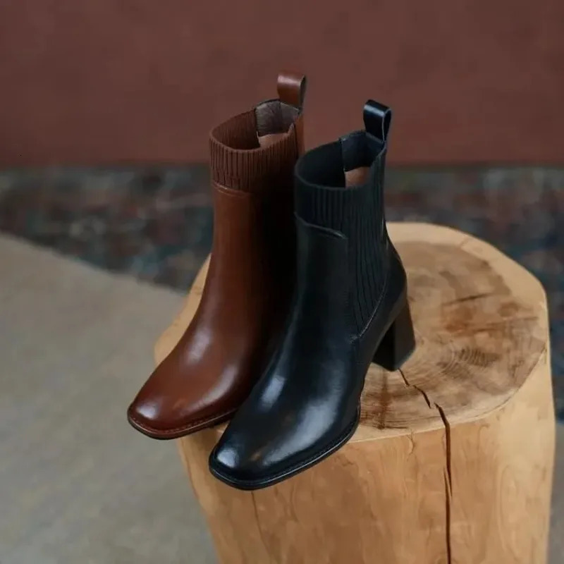 French retro square toe slim boots high-heeled knitted short boots temperature thick sole socks boots 250225