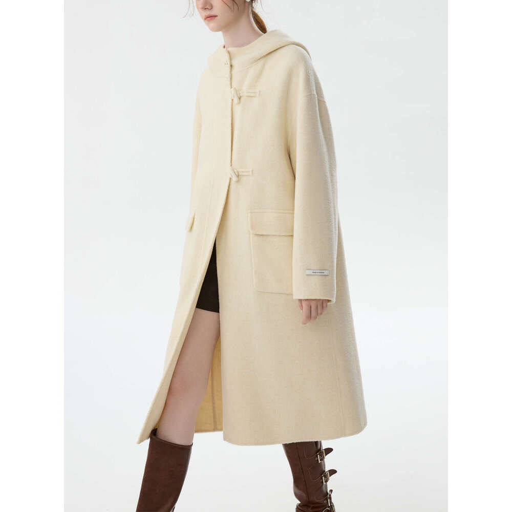 FSLE 100% Women Retro Red Horn Button Long Woolen Jackets Hooded Casual Commuter Pink Drop Sleeve Wool Coats 24Fs14227