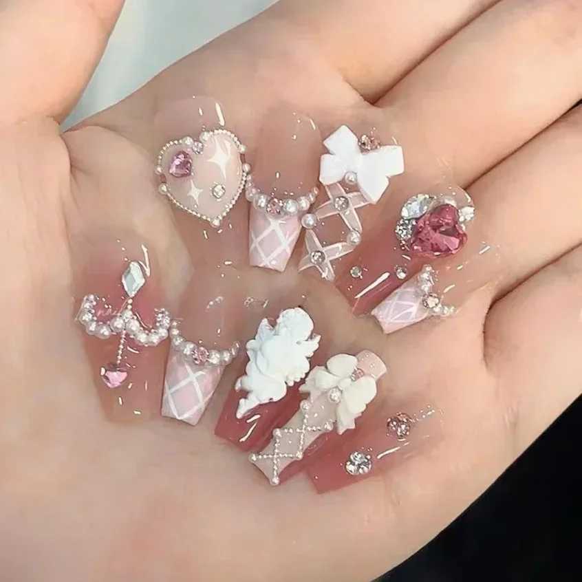 10pcs Handmade Acrylic Fake Nails with Glue Ballet Handmade Pearl Love Blush Pink Artificial Nails Full Cover Press on Nails TipXJ241025