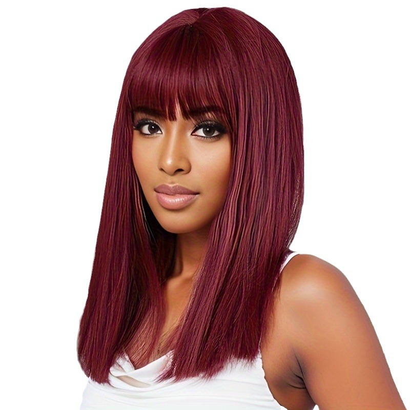 Beautiful girl long straight hair chemical fiber full head wig bangs wine red medium long hair wig