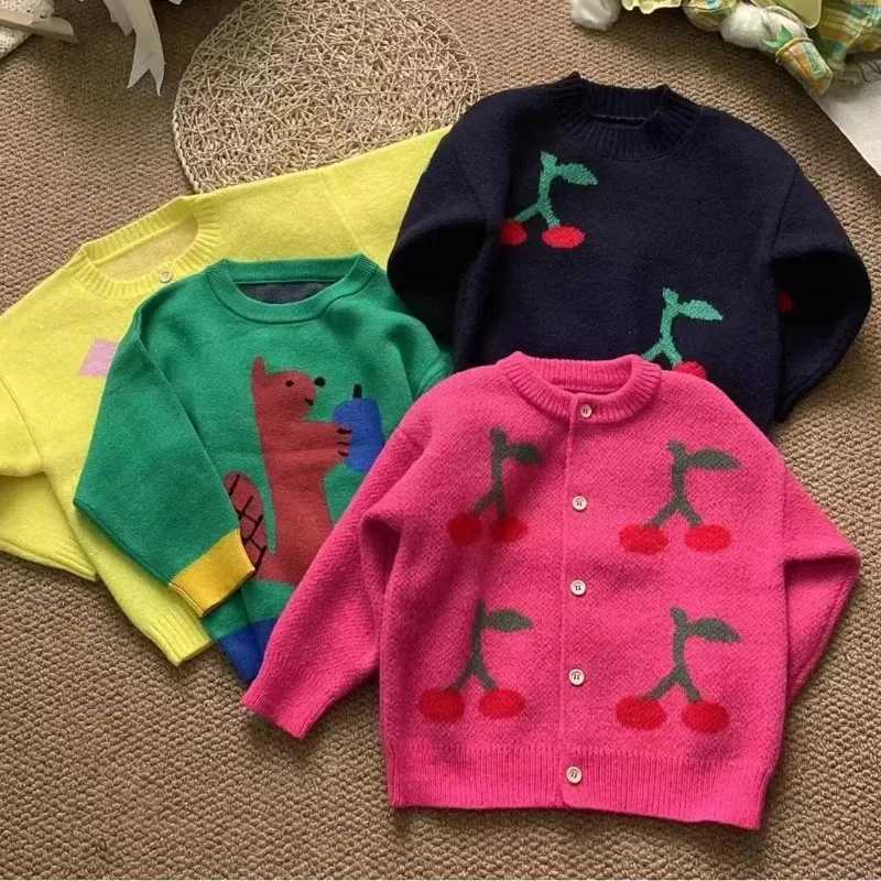 Inventory 2024 New Childrens Autumn Winter Girls Cartoon Color Blocked Waist Cardigan Boys Single Chest Knitted Sweater W241025