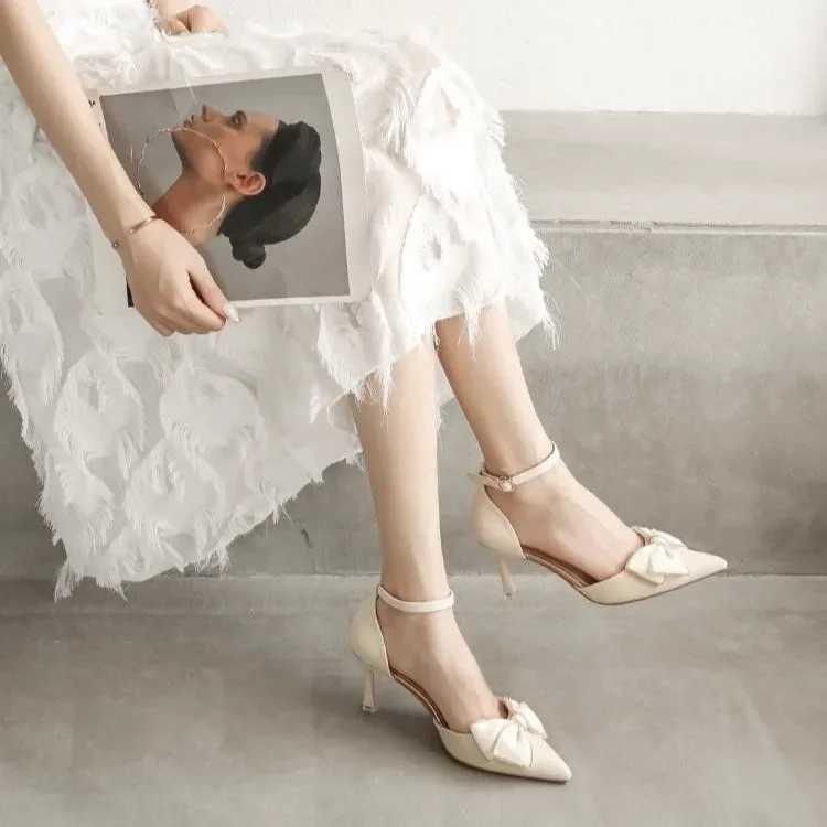 High Quality Mid high heels womens shoe trend toe butterfly slim high heels elegant wedding dress wedding party white designer T241024