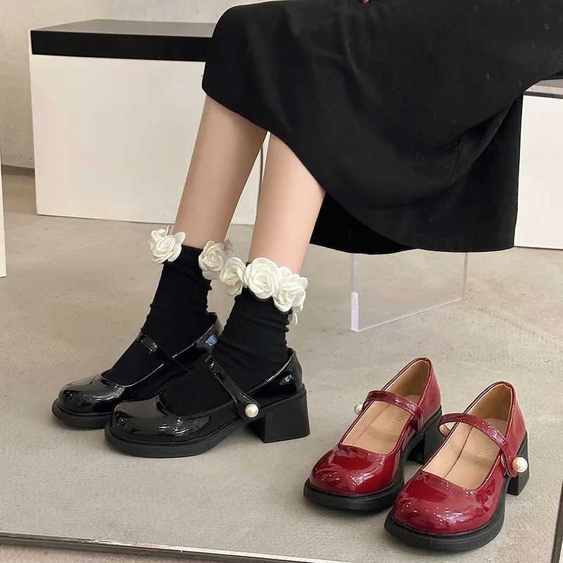High Quality 3cm high heels dress round shoelaces womens thick sandals Mary Jane 5cm Lat formal casual block Lolita belt T241024