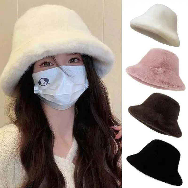 Y2k Fluffy Warm Thick Plush Bucket Hats Women Rabbit Fur Warm Faux Fur Winter Hat Grils Ins Fashion Furry Panama Fisherman CapX241025