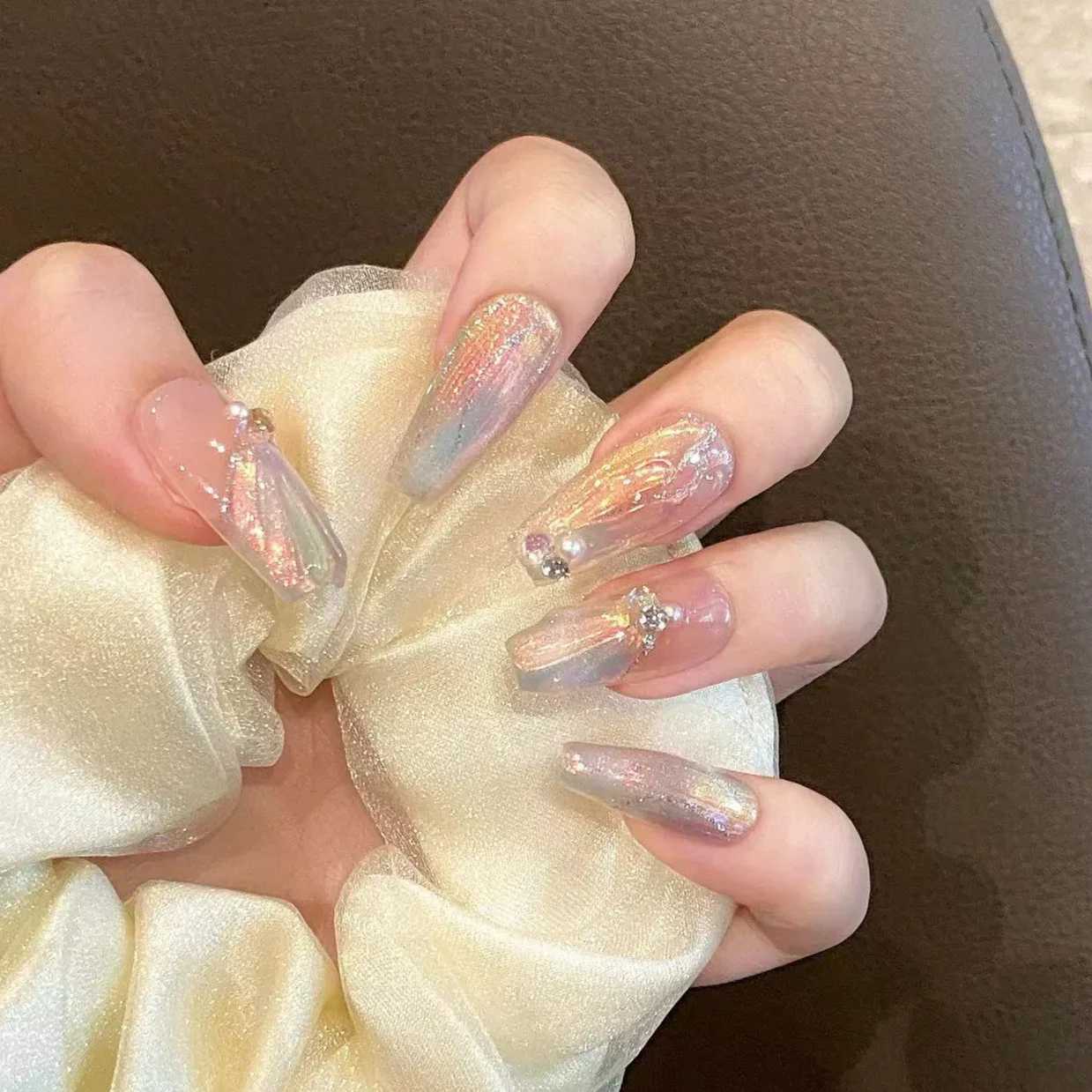 10Pcs Glitter Pink Fake Nail Long Ballet Handmade Nails Art Tip Detachable French Butterfly Design Finished Press on False NailsXJ241025