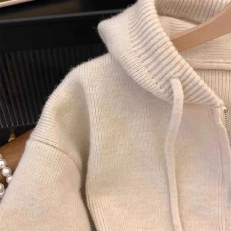 Spring and Autumn womens hooded sweater cardigan top 2024 womens loose zipper knitted jacket womens fashionable long sleeved jacket W241024
