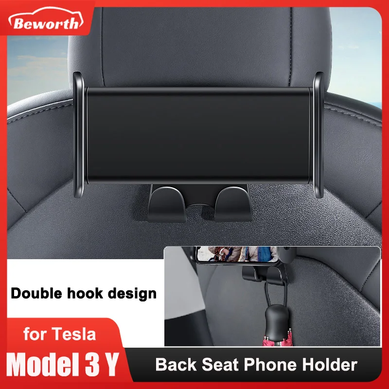 For Tesla Model 3/Y Car Back Seat Phone Holder with 2 hooks 360° Rotate Stand Auto Headrest Bracket Support For Tablet PC iPad Mini
