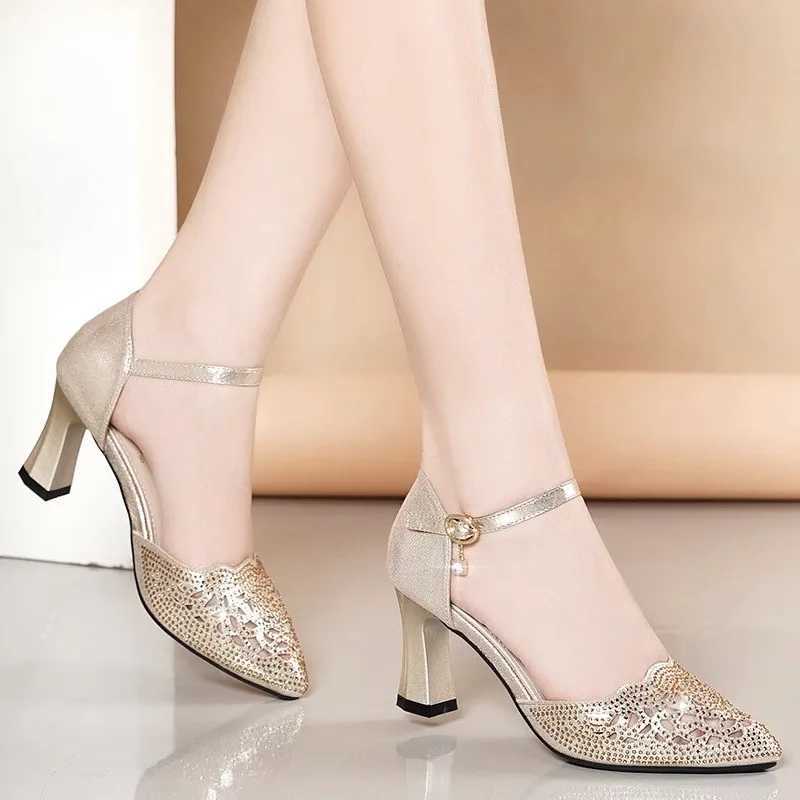 High Quality Womens Pointed Toe High Heel Sandals Summer Shiny Rhine Shoulder Strap High Heel Shoes Womens Office Womens Pump T241024