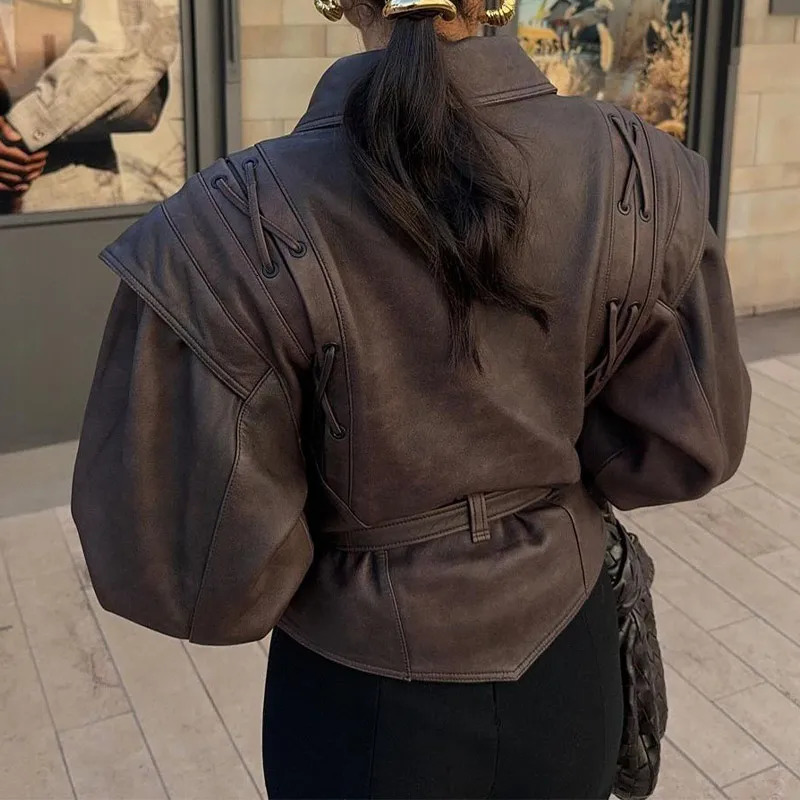 Fashion Solid Pu Leather Womens Motorcycle Jacket Fashion Collar Long Sleeve Ultra Thin Short Coat with Autumn Womens Street Top 241025