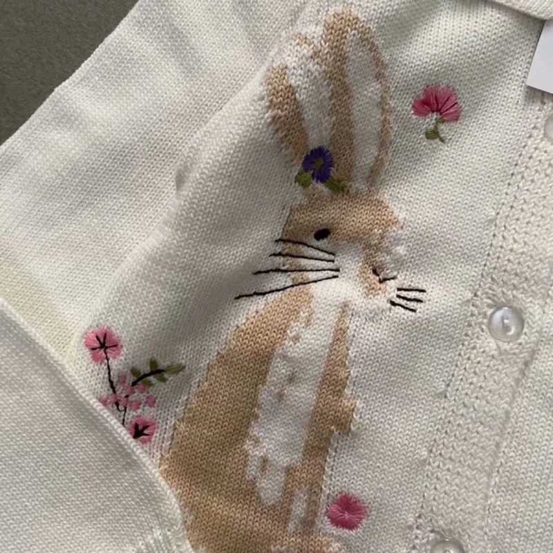 Flea Count Preschool White Flower Rabbit Baby Knitted Open Knitted Woolen Sweater for Girls Winter Clothing Childrens Sweater 2-7 Years Old W241025