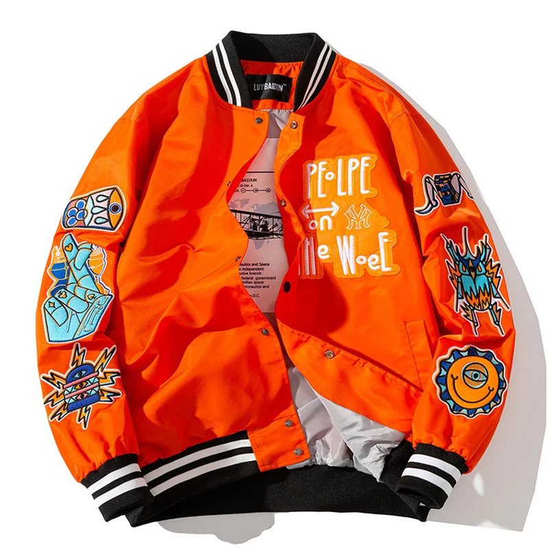 Men Abstract Embroidered Baseball Jacket Coat Autumn Winter Hip Hop Mens Women Orange Loose Streetwear Windbreaker 241025