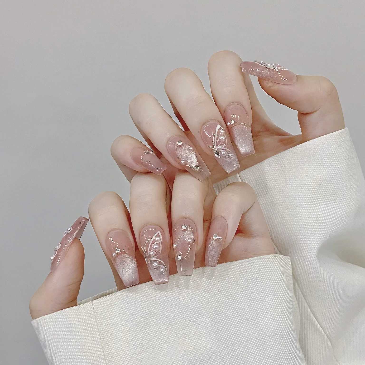 10pcs Aurora Coffin Handmade Press on Nails Pink Cat Eye Diamond Glitter French Full Cover Ballet False Nails Wearable Nails TipXJ241025