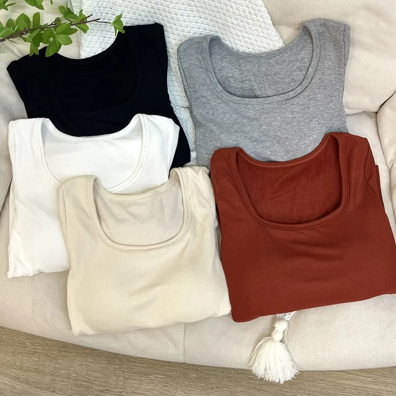 Autumn Winter Long Sleeve Base Shirt Women Versatile with Built-in Chest Pad Bra Slim Fit T-Shirt Female Bottom Casual Tops 241024