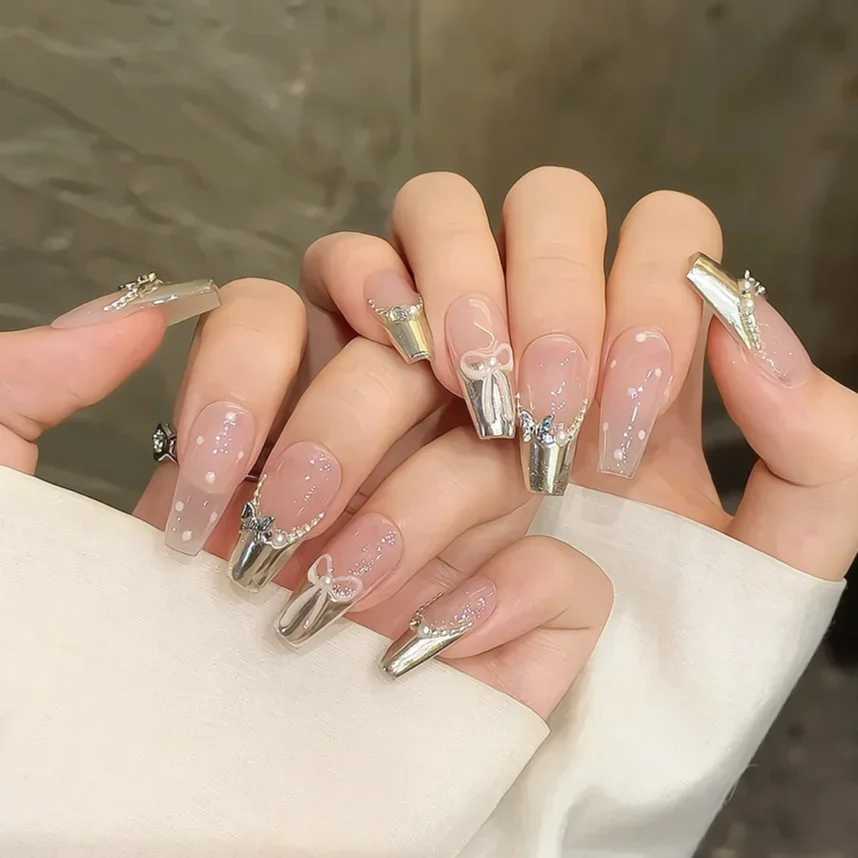 10Pcs Glitter Pink Fake Nail Long Ballet Handmade Nails Art Tip Detachable French Butterfly Design Finished Press on False NailsXJ241025