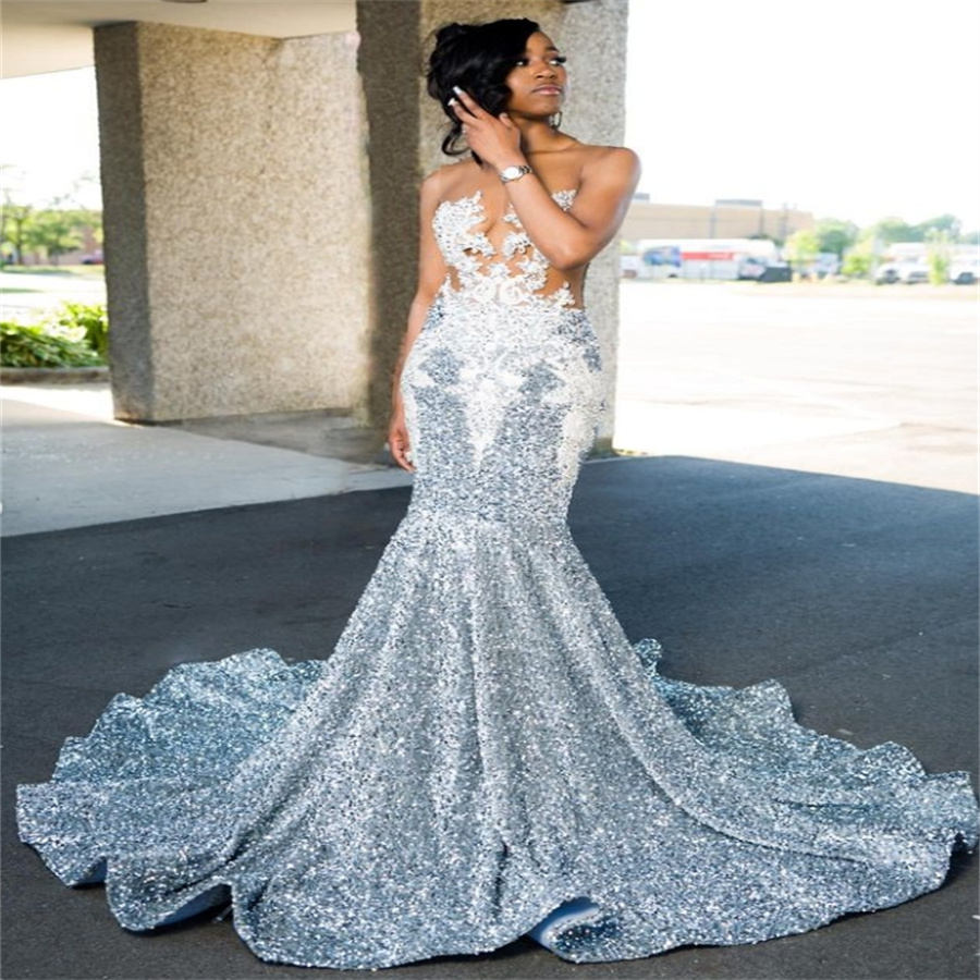 Luxury Silver Sequin Prom Dresses Plus Size Mermaid Black Girls Evening Dress Appliques African Birthday Party Gowns Formal Wear Vestio De Gala Fiftee