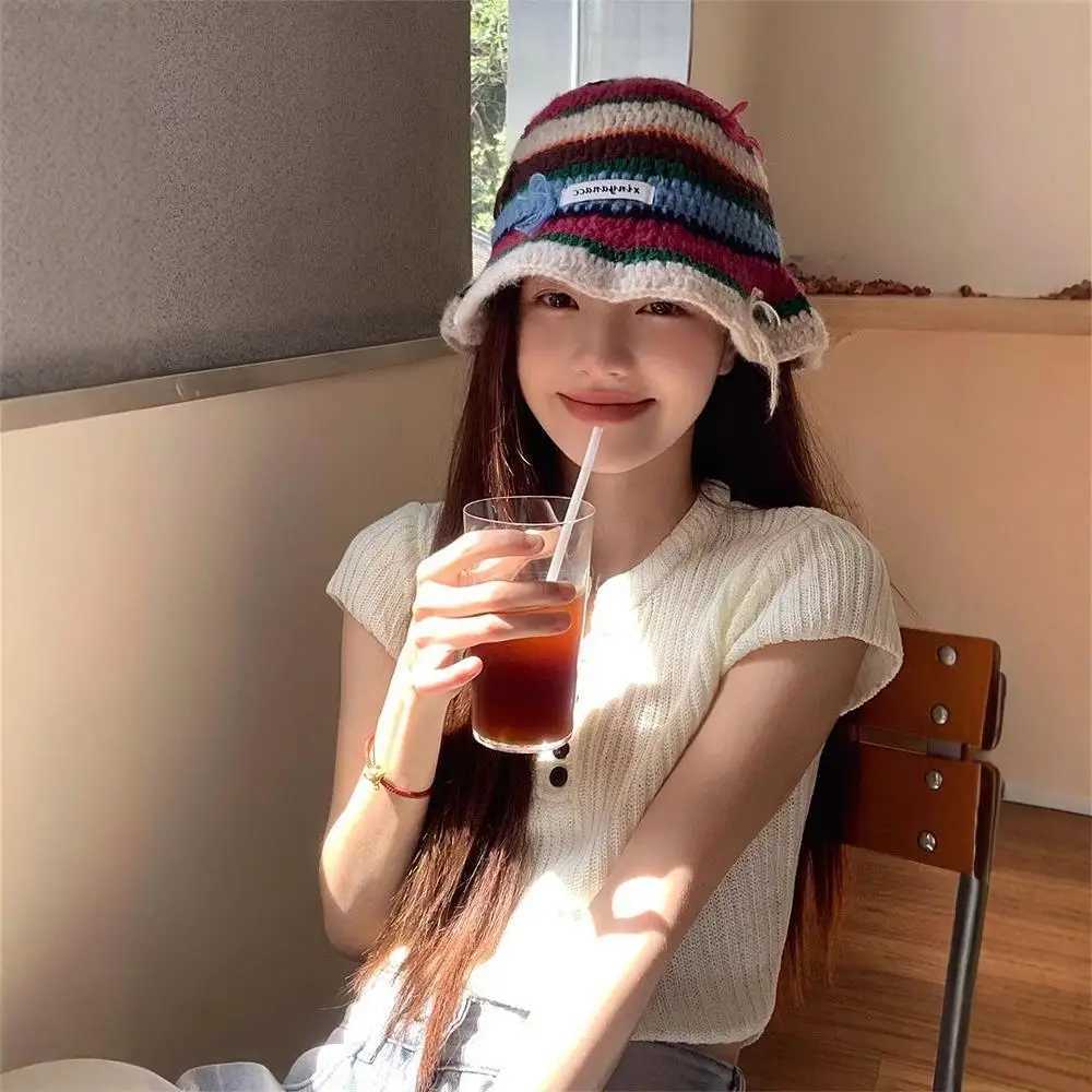 Fisherman Hat New Dopamine Sweet Cute Bow knit Hat Fresh Woven Handmade Straw Hat LadyX241025