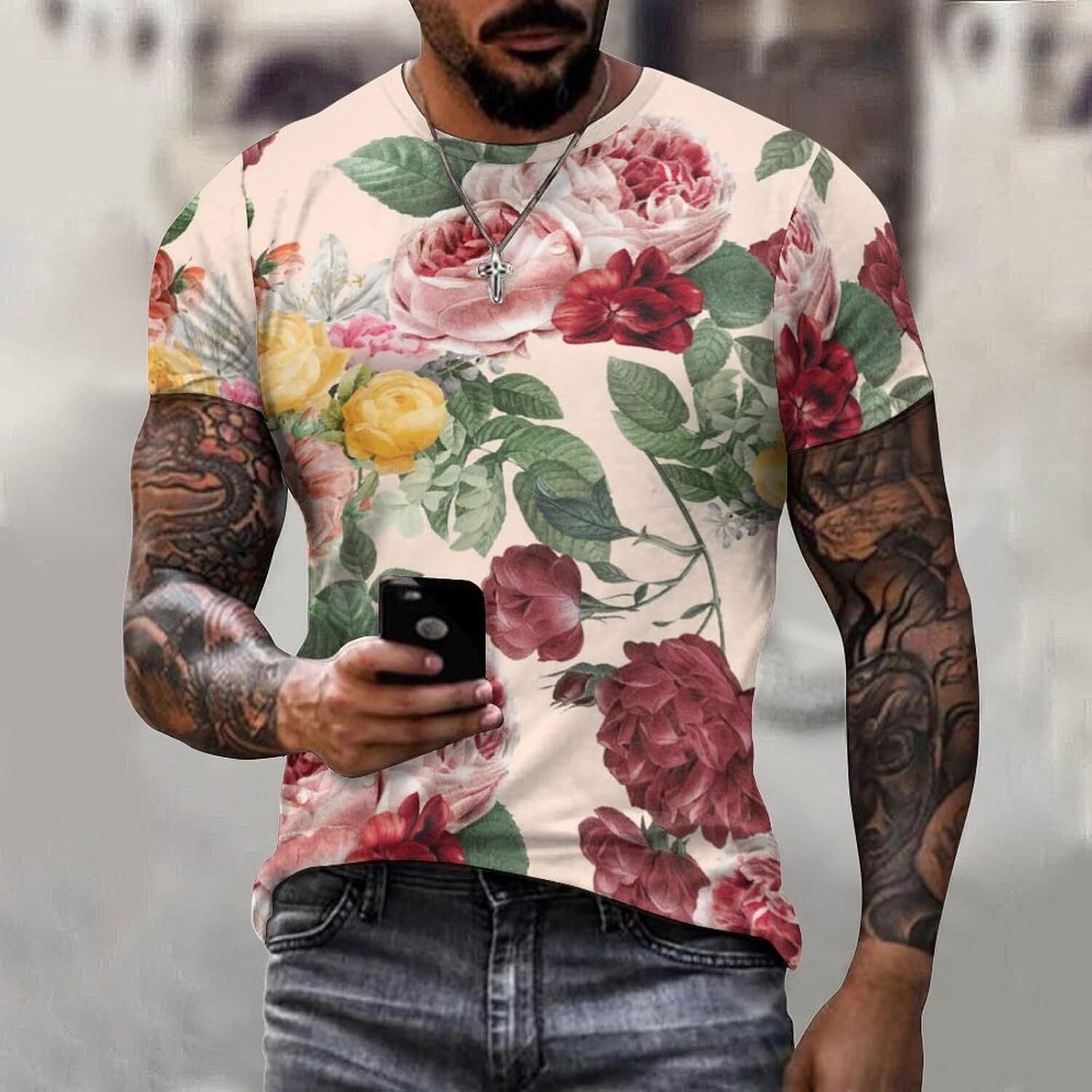 Mens T shirt Summer Rose Flower Pattern Cotton T-Shirt 3D Printed All-in-one fashion Casual Shirt Men's Crew Neck T-Shirt tee Casual tops summer 