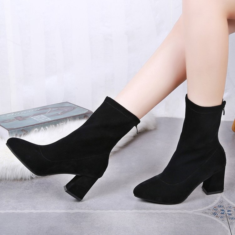 free shipping designer short boots womens 2024 winter new item black back zipper thick heel boots pointed middle heel elastic womens boots