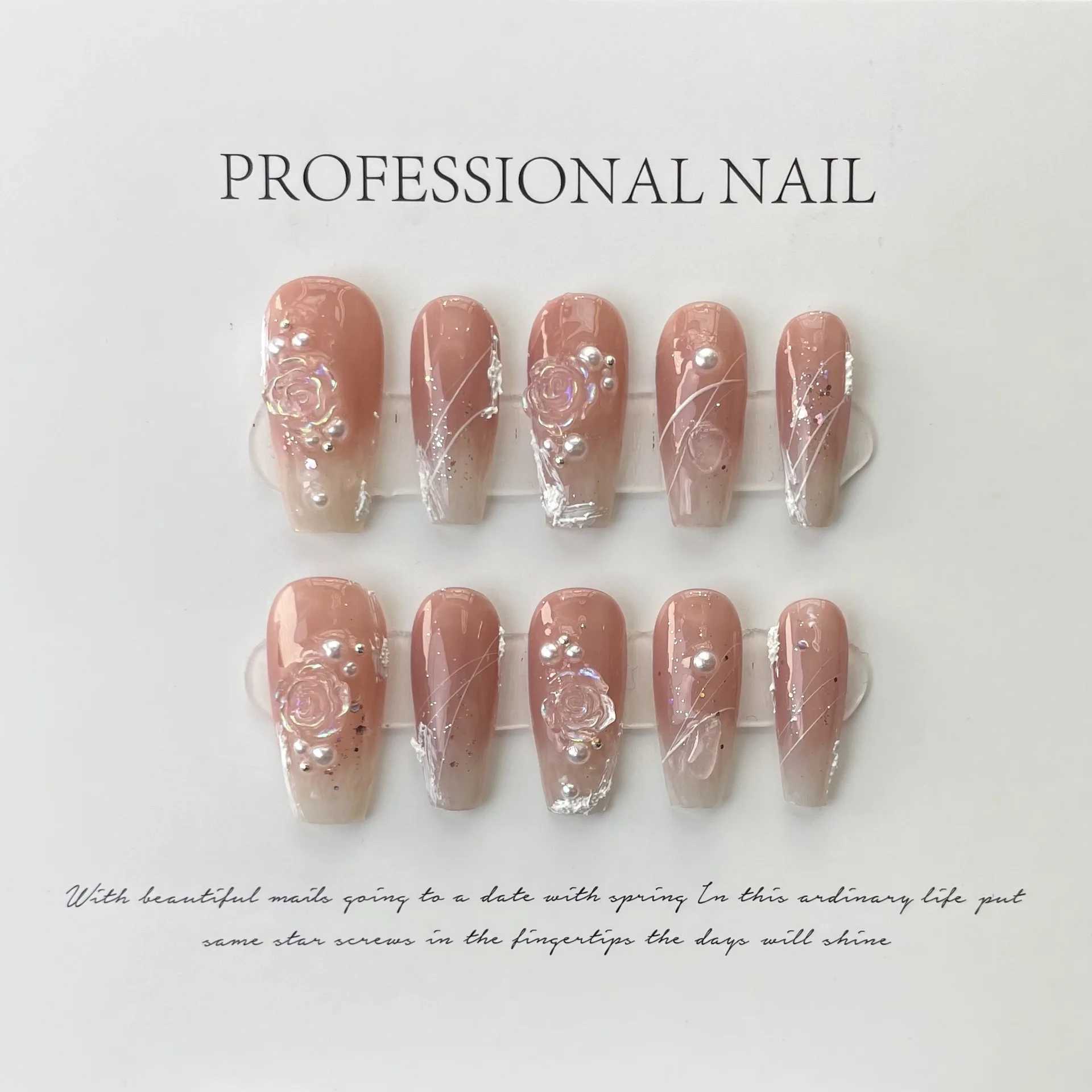10Pcs Sweet Pink Handmade Press On Nails Ballerina Japanise with Rhinestones Wearable False Nails Decoration Fake Nails Tips ArtXJ241025