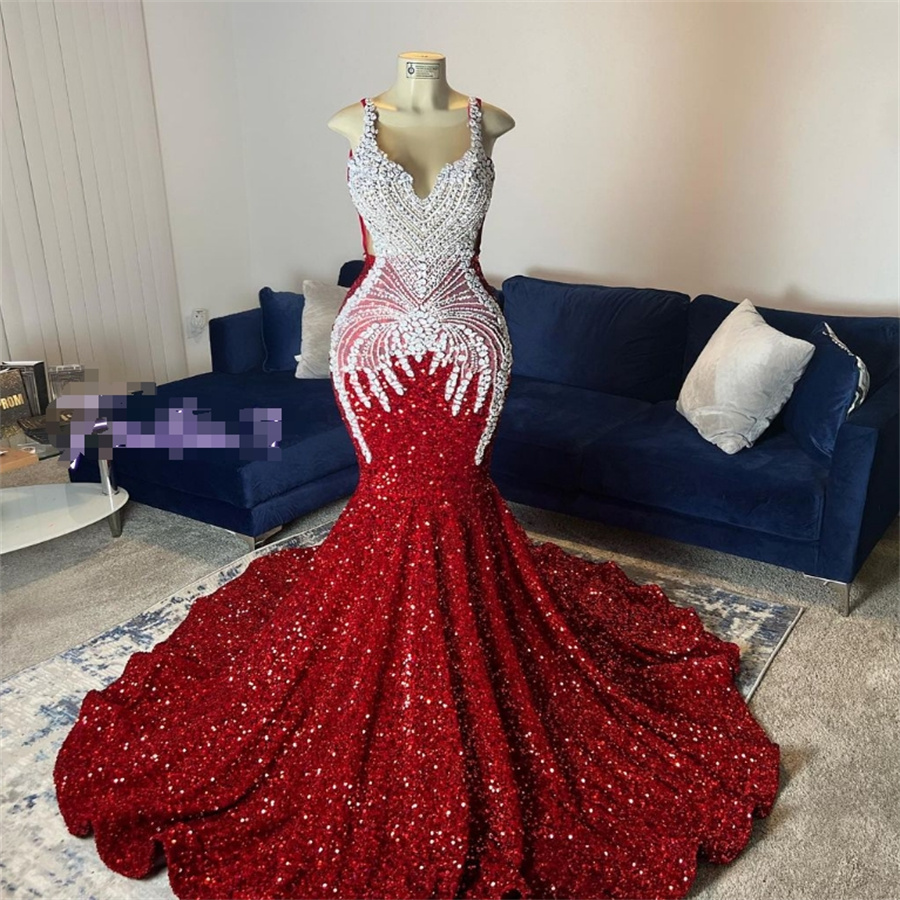 Sparkly Red Sequin Prom Dresses For Black Girls Rhinestone Crystal Mermaid African Evening Gown Spaghetti Straps Nigeria Formal Birthday Party Dress 2