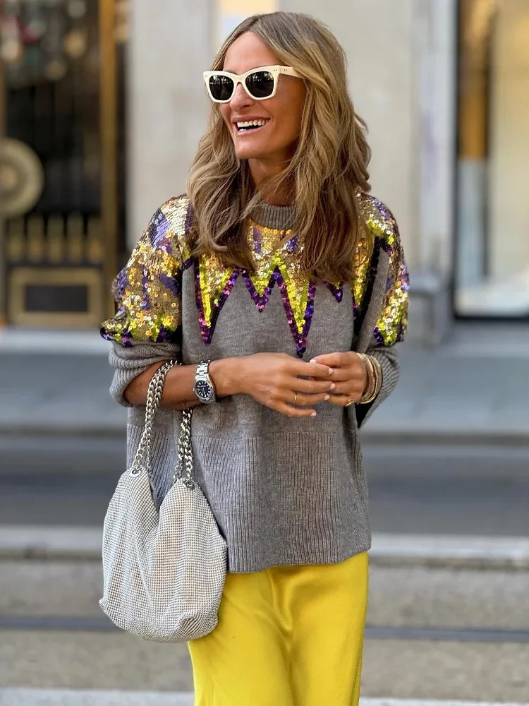 O-neck Long Sleeve Knitted Sweater Women Fashion Sequins Decor Loose Casual Pullovers Female Fall Winter Street Club Jumper 2024 241024