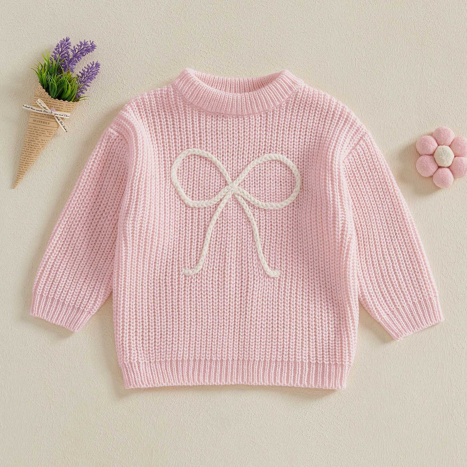 FOCUSNORM 6-Color 0-5Y Autumn Winter Cute Sweater for Children and Girls Butterfly Knot Embroidered Long Sleeve Round Neck Loose Knitted Pulling Flowe
