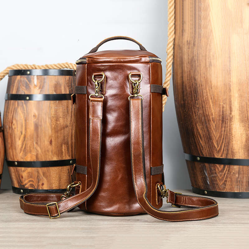 Leathfocus New Head Layer Cowhide Round Bucket Bag Women Travel Fashion Large Handbag Men Retro Tote Backpack