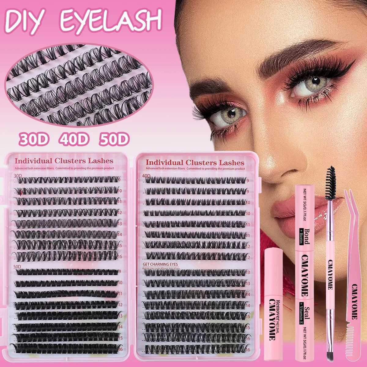 Eyelash extension kit 640 pieces 3D thick fluffy eyelash clusters 30+40+50D 9-16mm eyelash set with adhesive and removable personal eyelashesW241024