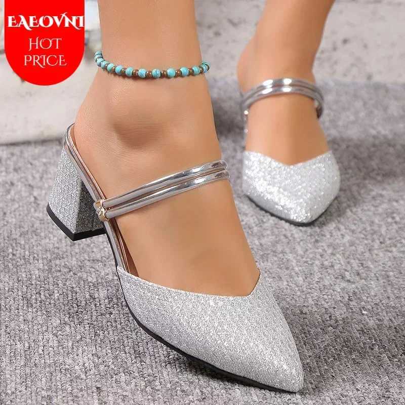 High Quality Golden Sier Bling High Heel Pump Womens Fi Strap Slide - Party Shoes Womens Pointed Toe Slide Thick High Heels T241024