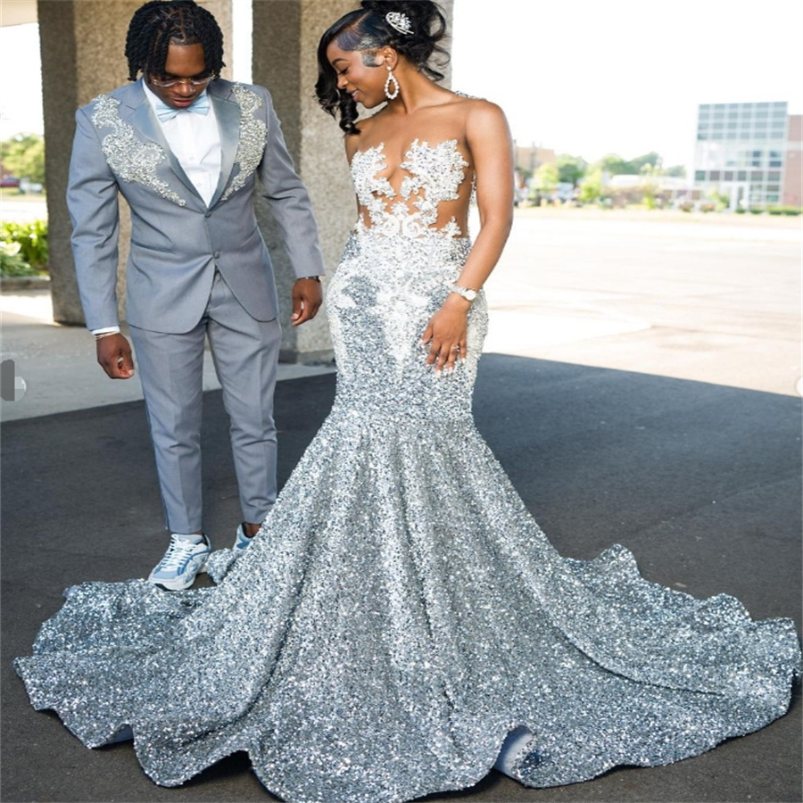 Luxury Silver Sequin Prom Dresses Plus Size Mermaid Black Girls Evening Dress Appliques African Birthday Party Gowns Formal Wear Vestio De Gala Fiftee