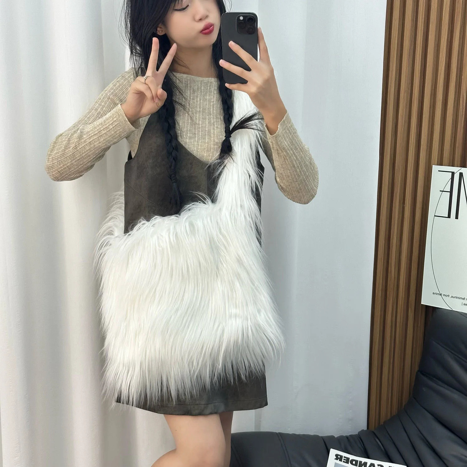 Faux Fur Bags for Women Vintage Y2k Tote Shoulder Bags Glossy Leather Shopper Handbags Woman Rhombic Bag 240926