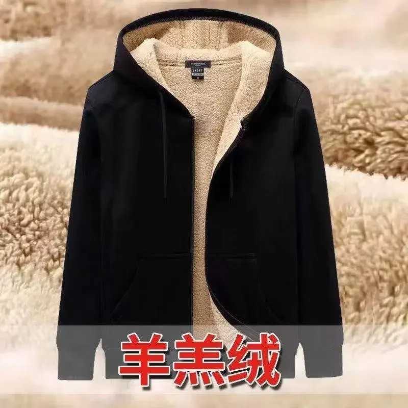 Mens Winter Lambswool Zipper Hoodie Cotton Jacket Mens Thick Coat Size Up Warm Wool Lining Jacket Black Jacket Mens Jacket W241024