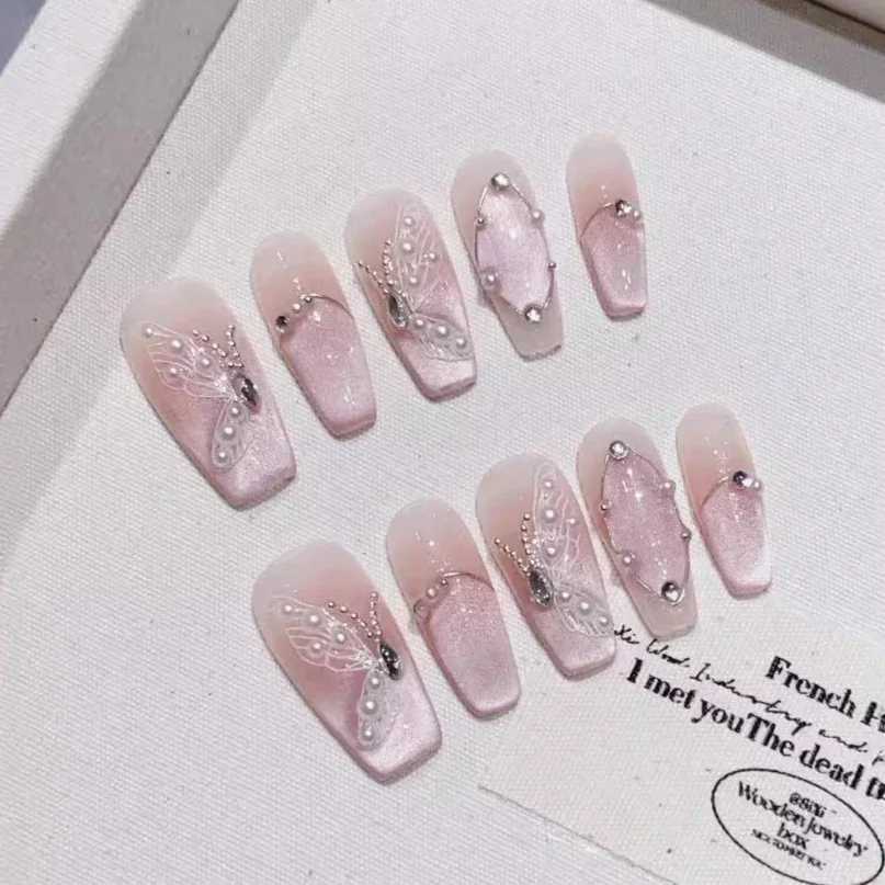 10Pcs French Ballerina Handmade Press on Nails Pink Cat Eye Fake Nails Wearable Stick-on Nails Full Cover False Nail Uas XJ241025