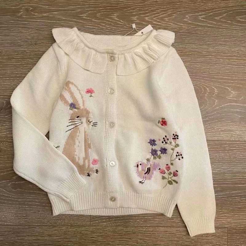 Flea Count Preschool White Flower Rabbit Baby Knitted Open Knitted Woolen Sweater for Girls Winter Clothing Childrens Sweater 2-7 Years Old W241025