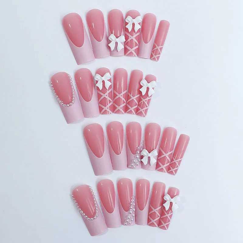 10pcs French Handmade False Nails Bow Pearl Bandage Entanglement Press on Nail For Women and Girls Removable Nail stickersXJ241025